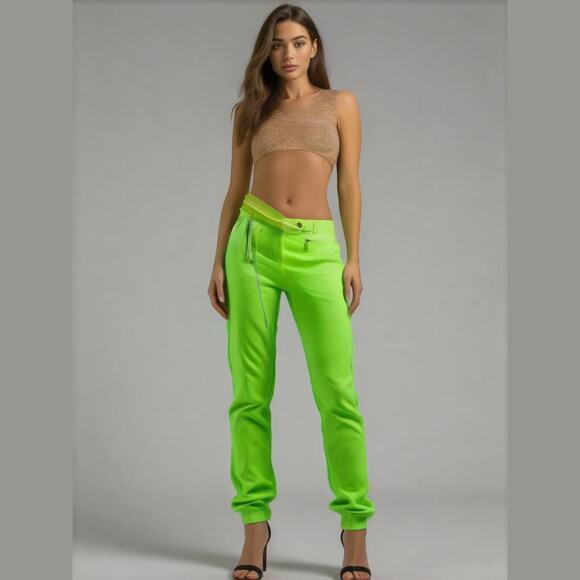 MICHAEL by MICHAEL KORS Neon Green Zip Pocket Cropped Straight Leg Pants 4 - Picture 1 of 13